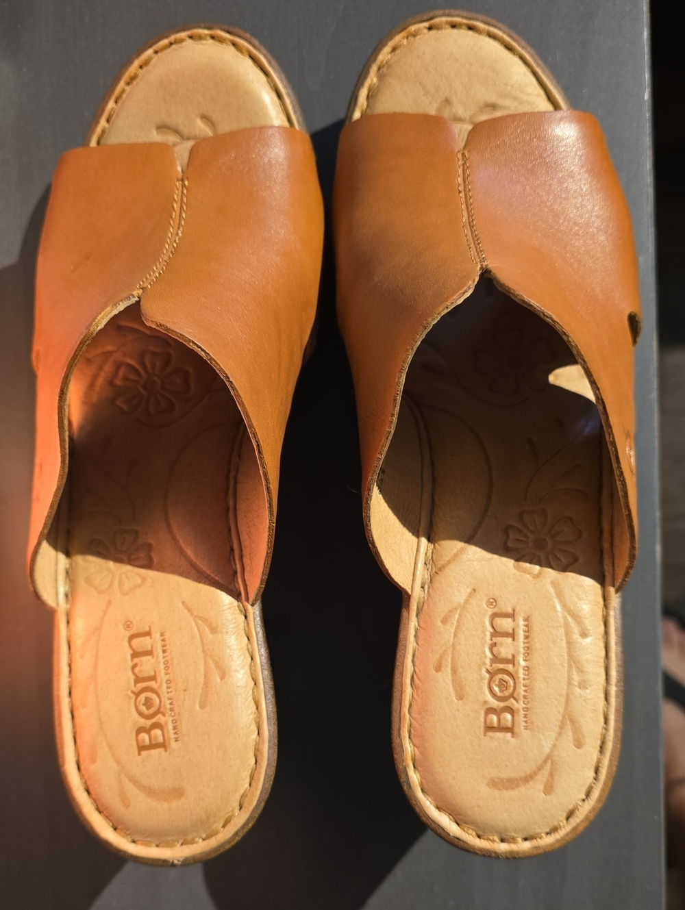 Born Tan Leather Open-Toe Slide Clogs